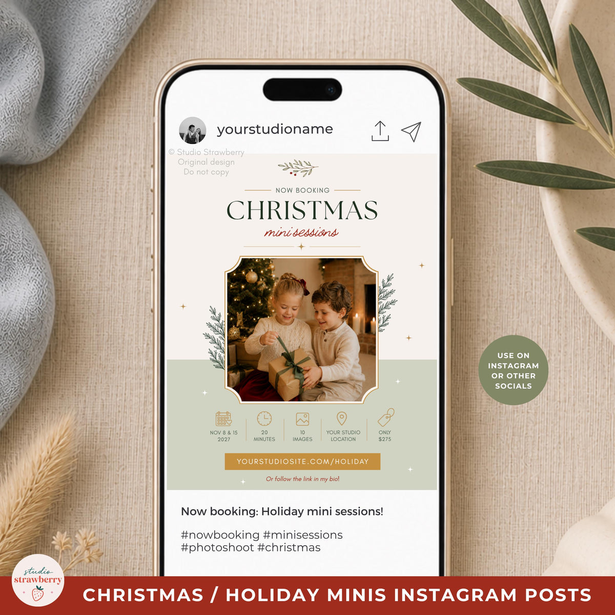 Christmas mini session social media template shown as a polished promotional post with editable text, colors and photography.