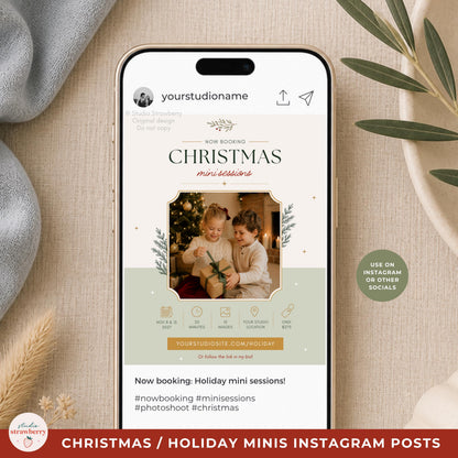 Christmas mini session social media template shown as a polished promotional post with editable text, colors and photography.