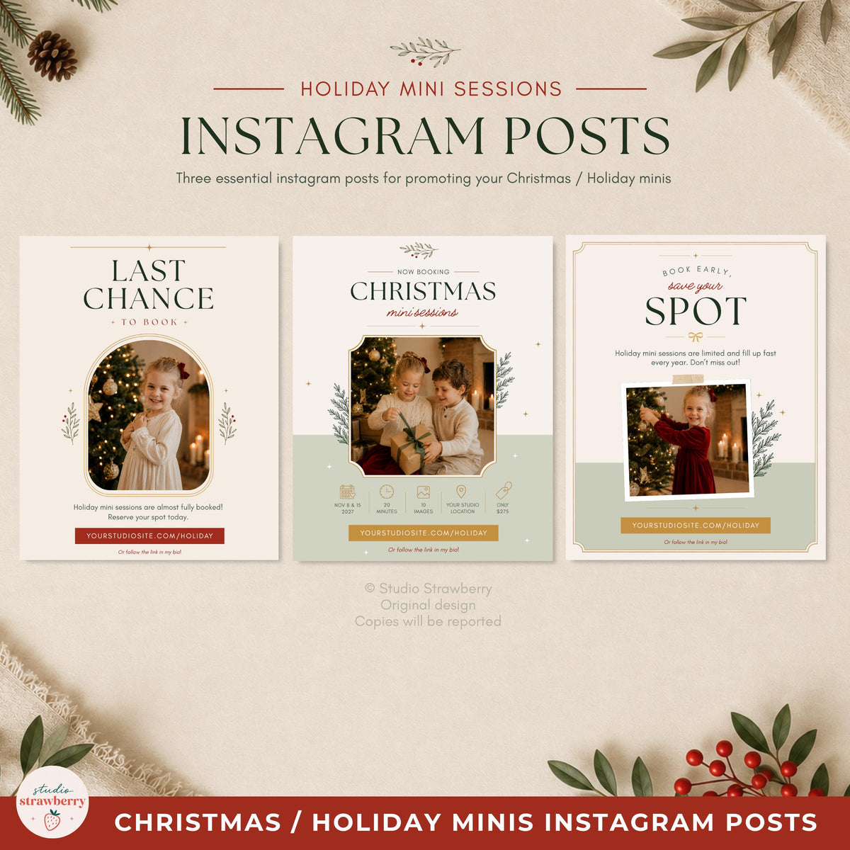 Three-post Christmas minis marketing template collection designed to create a consistent holiday photography campaign.