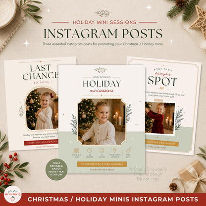 Three coordinated Christmas mini session Instagram post template designs displayed together in a festive neutral holiday mockup for photographers.