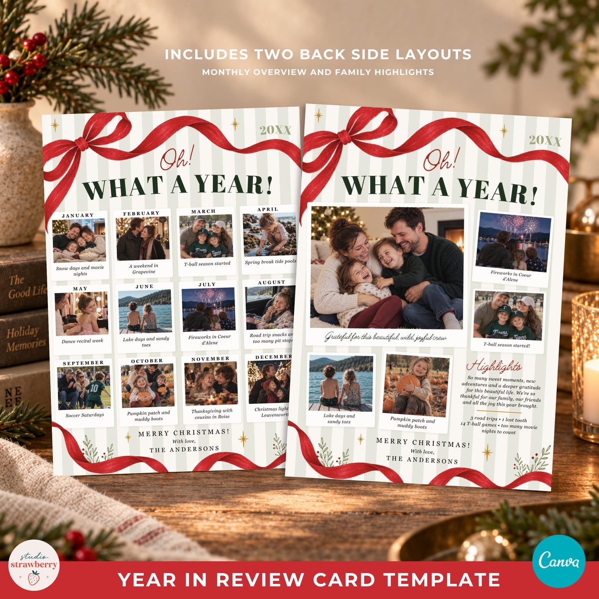 Editable Canva Christmas photo card template with a large family picture and Merry Christmas greeting.