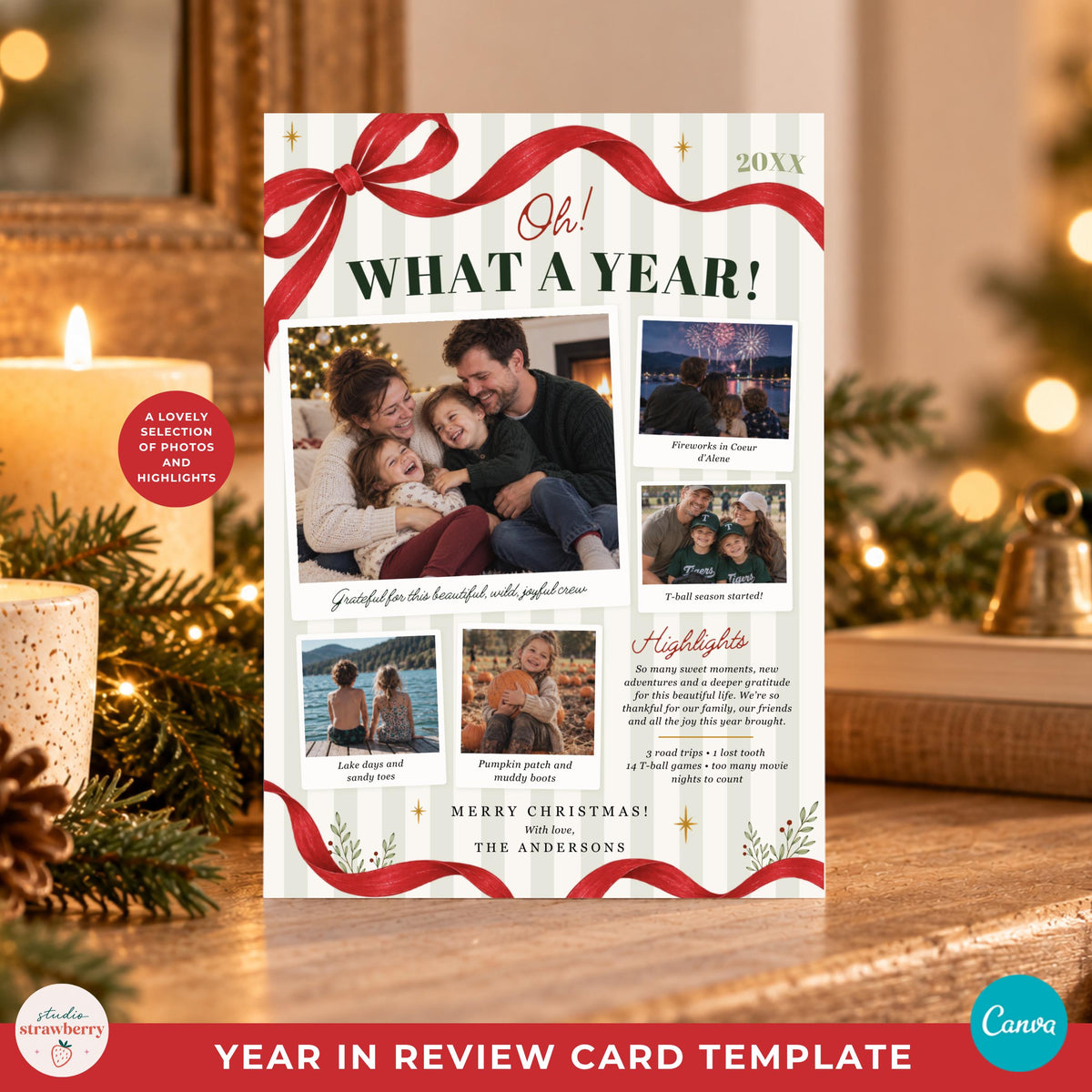 Family year in review photo card with twelve monthly pictures and editable captions for favorite memories.