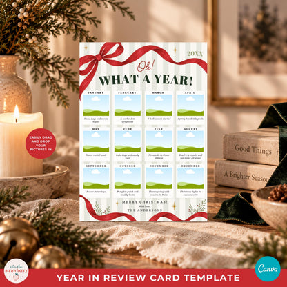 5x7 holiday photo card template with editable text, photos, colors and family name in Canva.