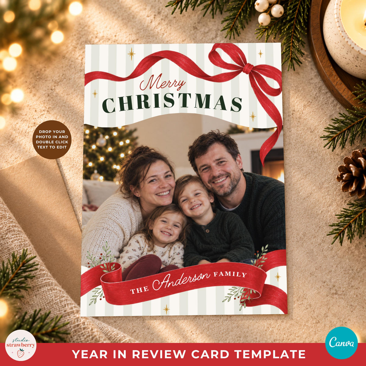 Year in review holiday card template featuring a festive red ribbon design and editable family Christmas photo.
