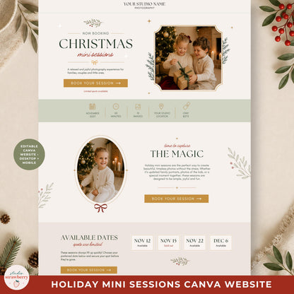 One-page holiday minis landing page showing how photographers can share details and bookings from one link.