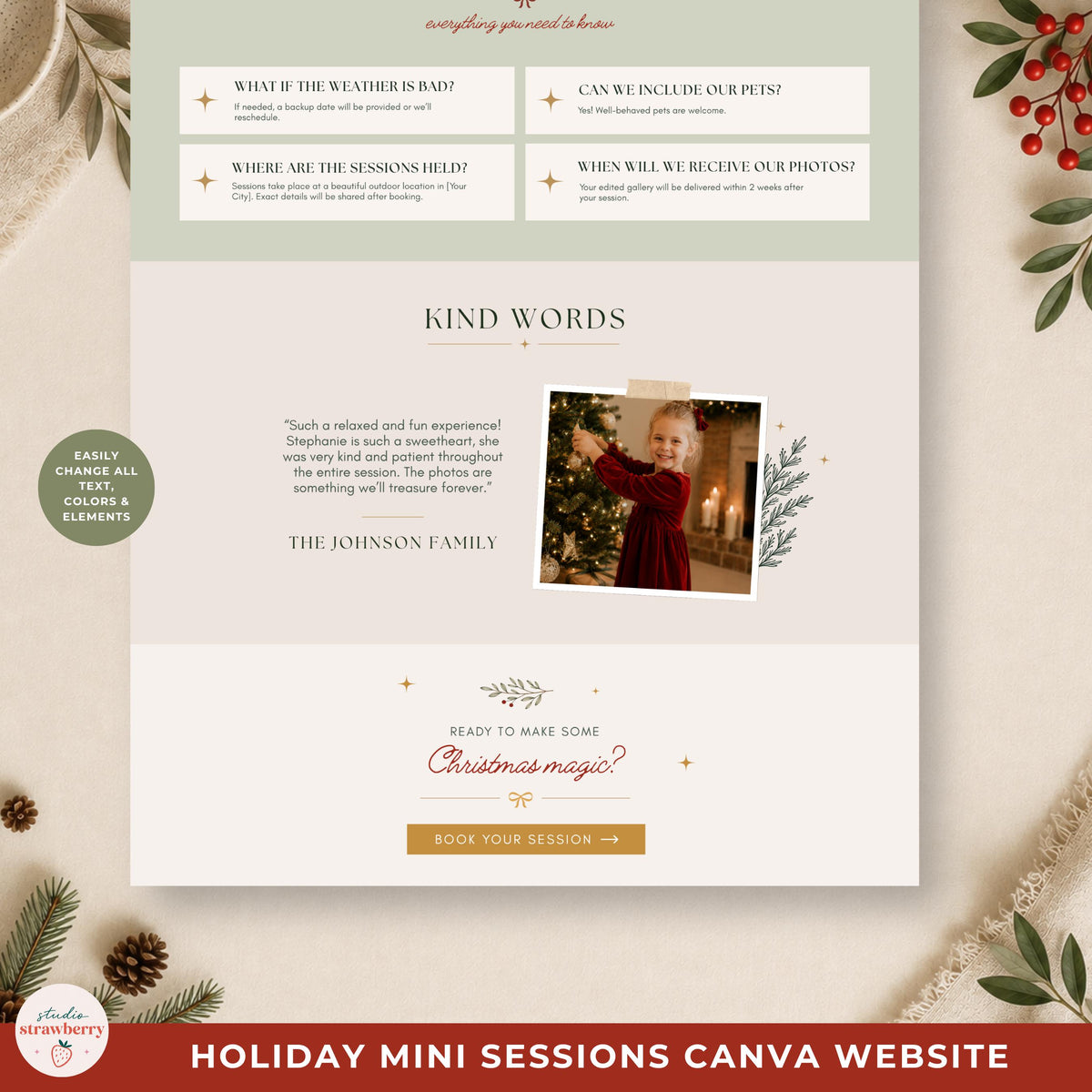 Mobile responsive holiday mini session page showing a photographer website adapted to a phone screen.