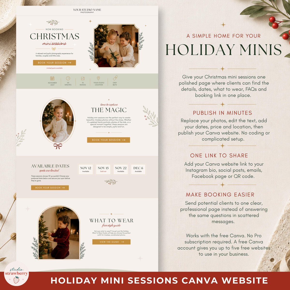 Close-up of a Canva website template demonstrating editable photos, text, colours and links for a photographer.