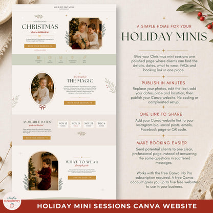 Close-up of a Canva website template demonstrating editable photos, text, colours and links for a photographer.