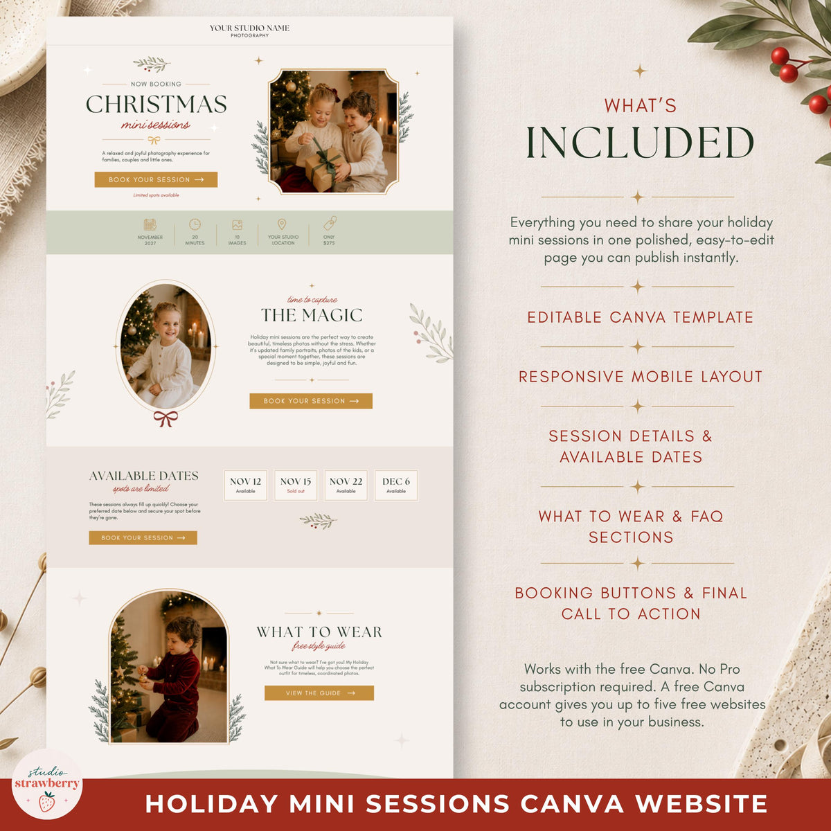 Christmas mini session landing page with testimonial, client experience section and final booking call to action.
