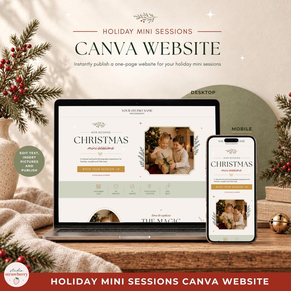Square product preview showing a Christmas mini session Canva website on desktop and mobile for photographers.