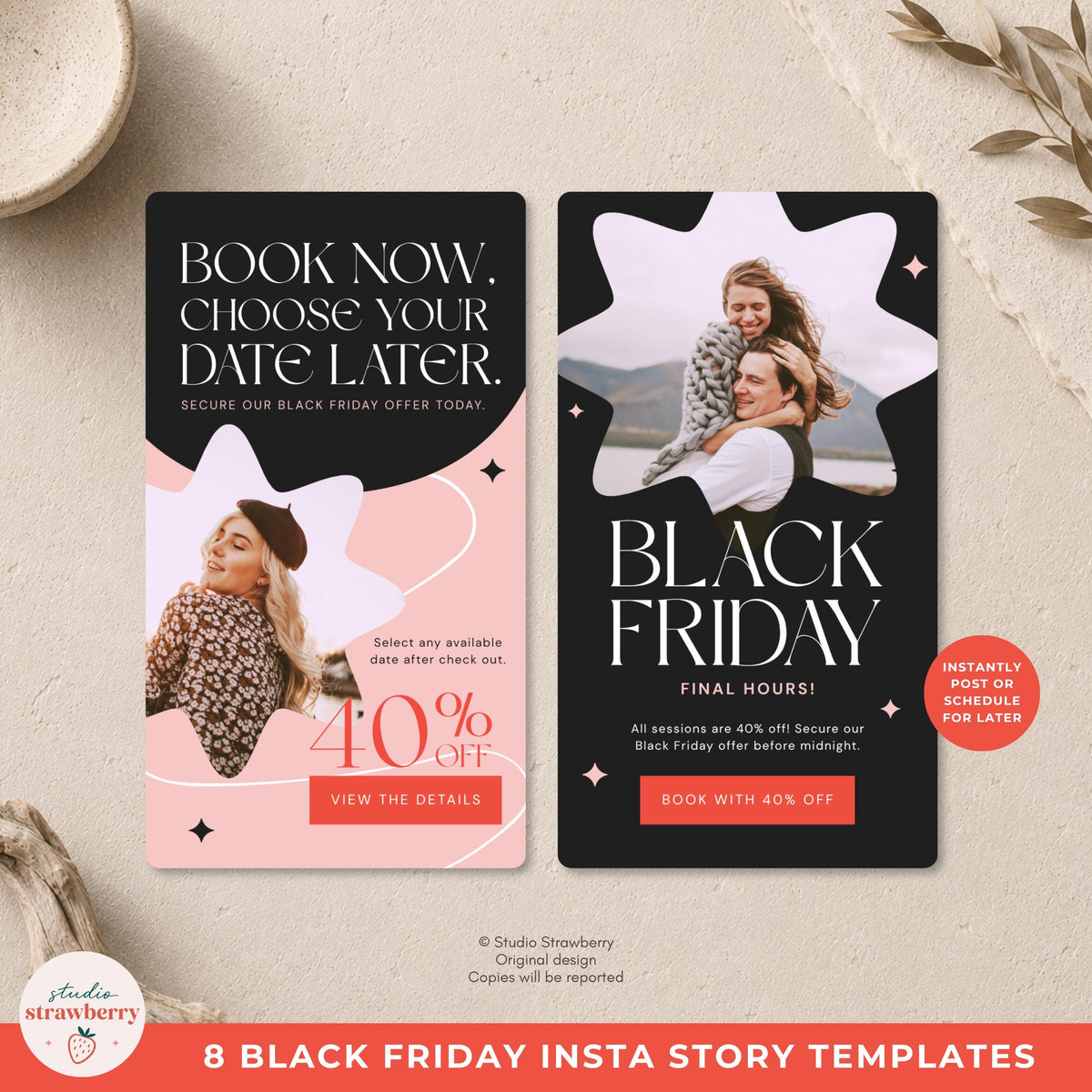Black Friday Photography Marketing Template featuring a coral layout, shaped photo area, large promotional number, and editable button.