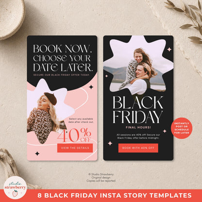 Black Friday Photography Marketing Template featuring a coral layout, shaped photo area, large promotional number, and editable button.