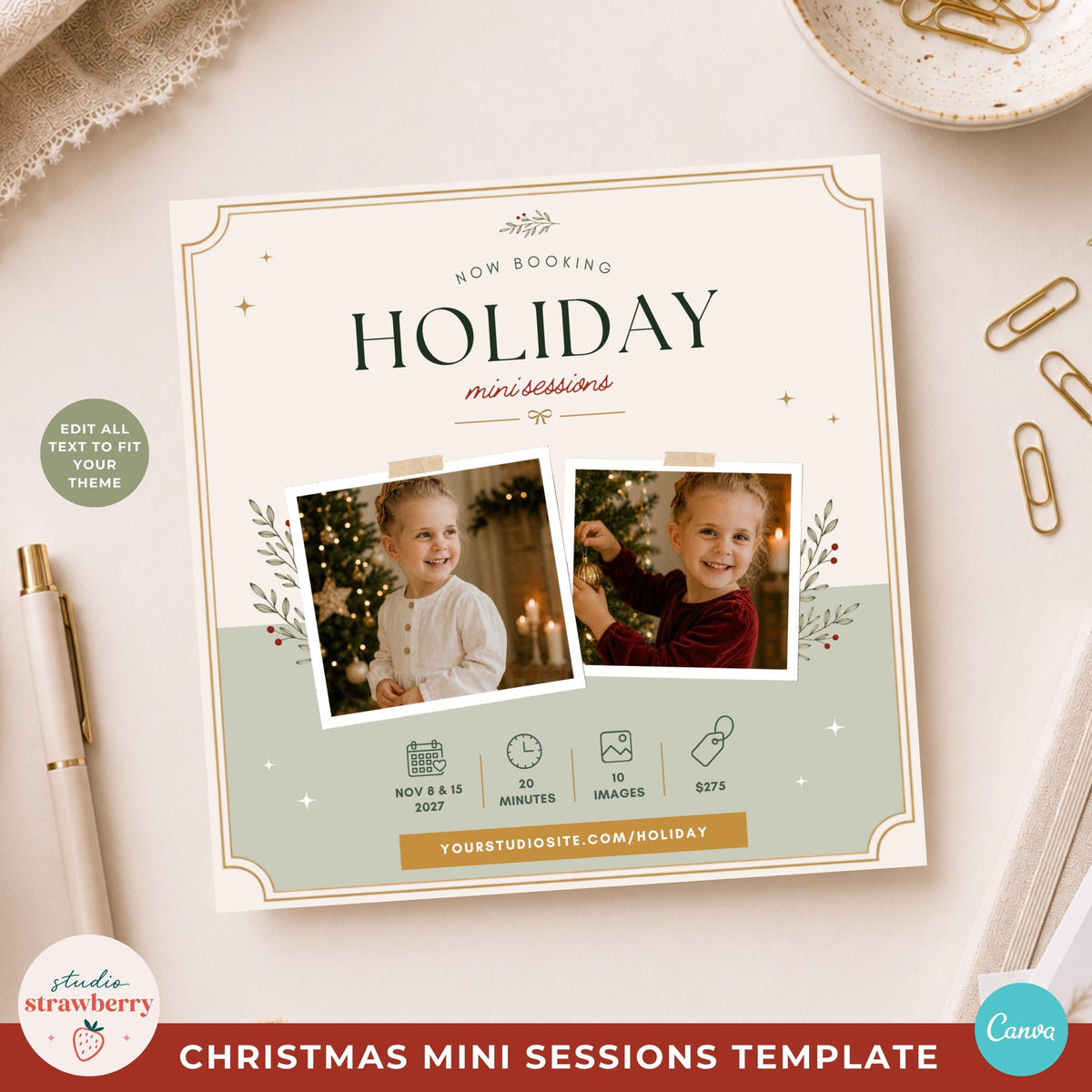 Christmas mini session flyer template for photographers featuring two photo spaces, session information and booking details.
