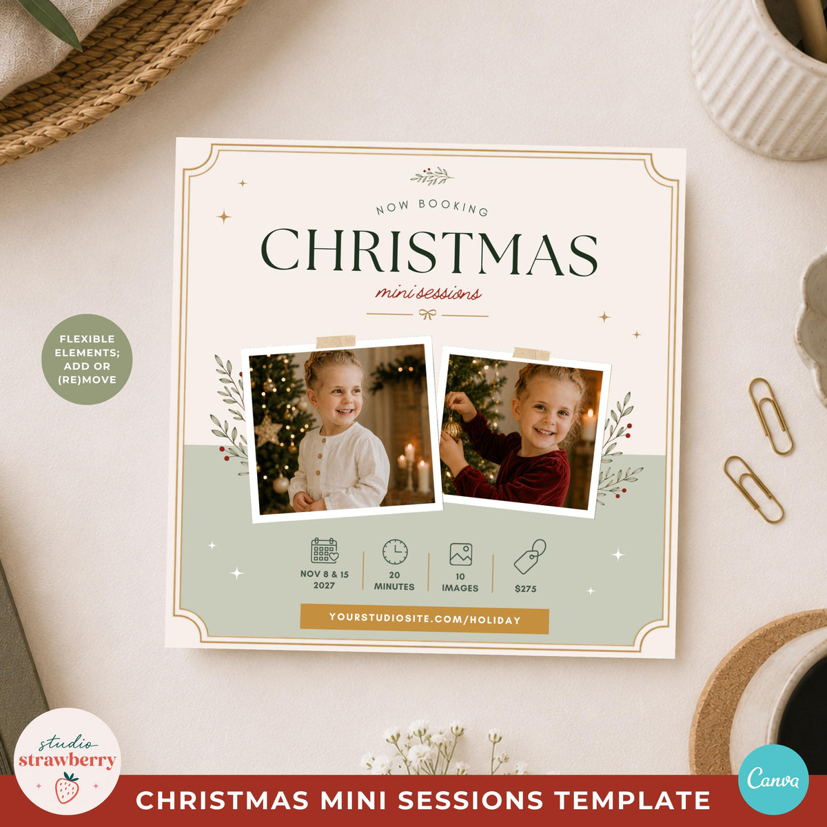 Editable Christmas minis photography marketing board shown with customizable text, photos and removable design elements.