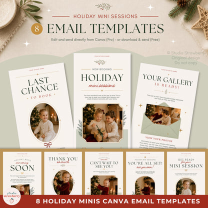 Eight Christmas mini session email templates for photographers covering booking, preparation, reminders, gallery delivery and client follow-up.