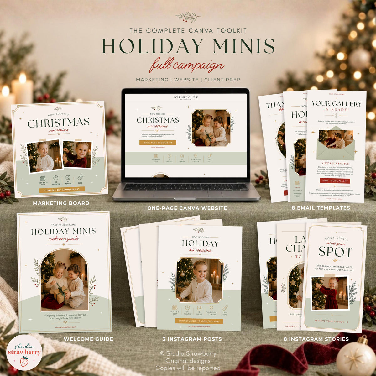 Premium Christmas mini session marketing bundle showing a coordinated Canva campaign with a marketing board, website, email templates, Instagram graphics and client welcome guide.