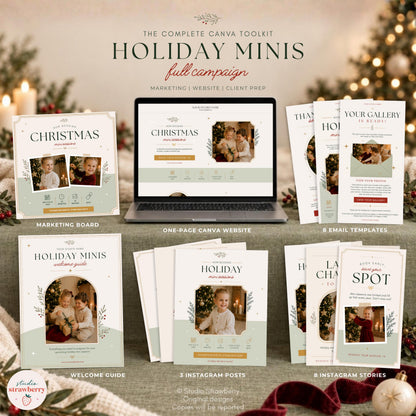 Premium Christmas mini session marketing bundle showing a coordinated Canva campaign with a marketing board, website, email templates, Instagram graphics and client welcome guide.