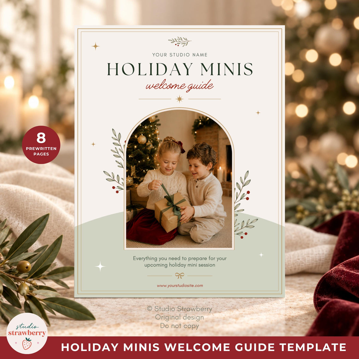 Christmas photography client prep guide template showing an editable holiday welcome guide with sample family session imagery.