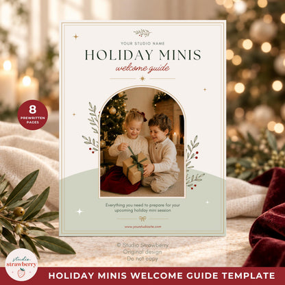 Christmas photography client prep guide template showing an editable holiday welcome guide with sample family session imagery.