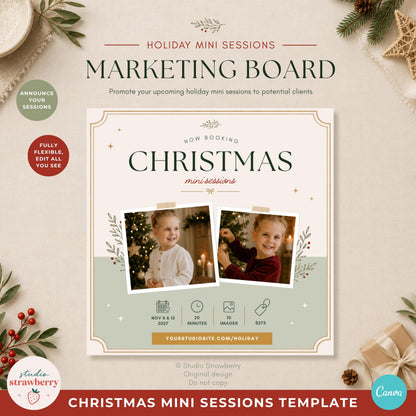 Editable Christmas mini session marketing board template for photographers with customizable session details, photos, colors and branding.