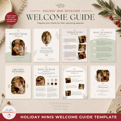 Eight-page Christmas mini session client welcome guide in Canva with preparation, what to expect, wardrobe and follow-up pages.
