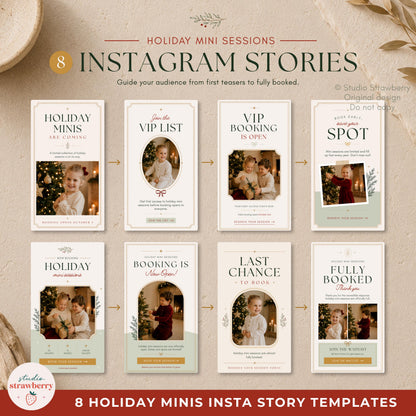 Eight Christmas mini session Instagram story templates guiding photographers from announcement and early access to final booking reminders.