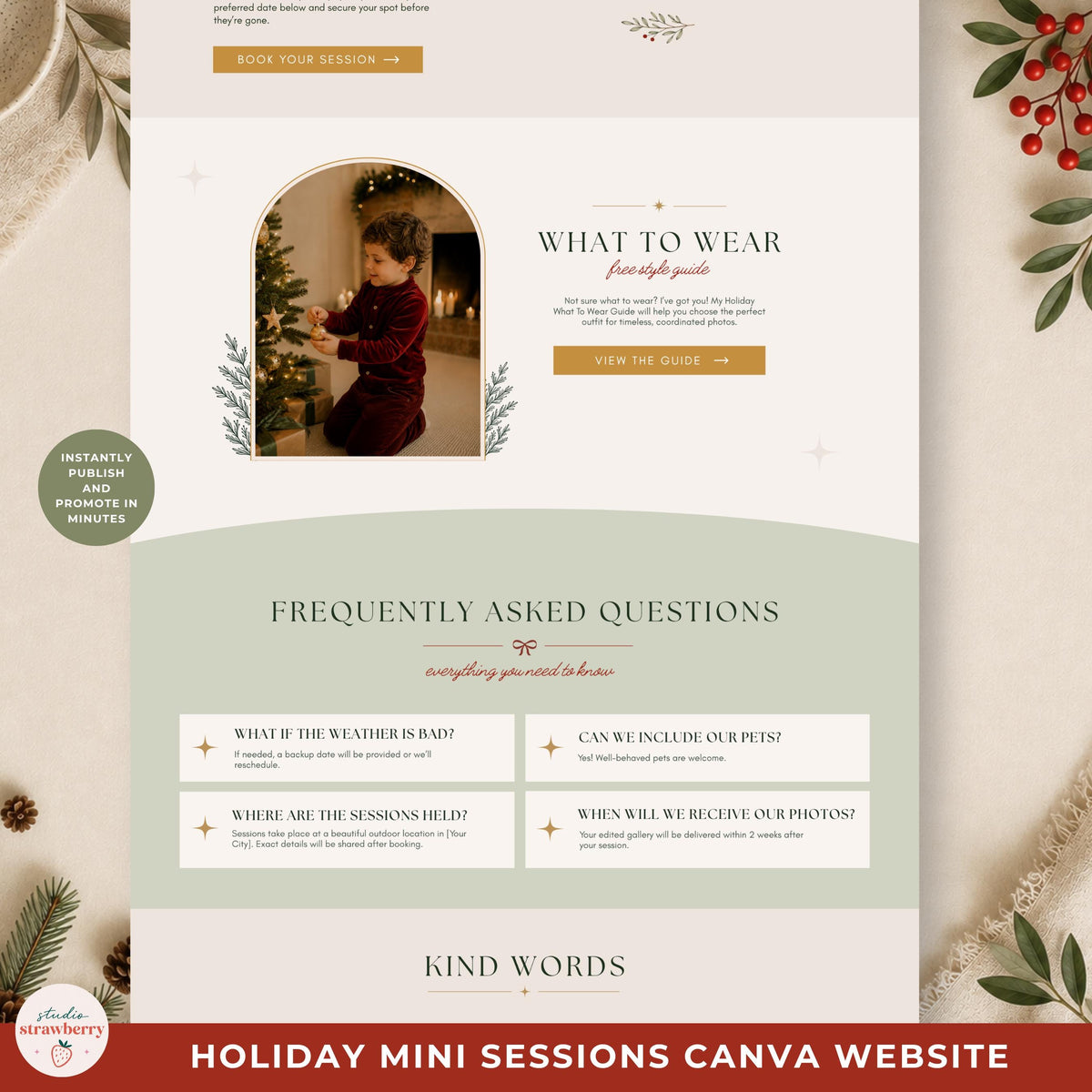 Canva website editor mockup with a Christmas photography hero section and website publishing controls.