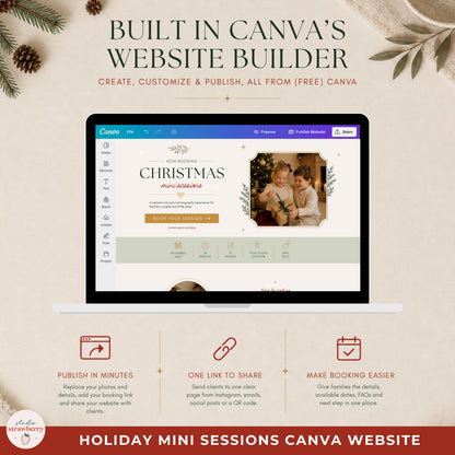 Christmas photography website hero with an image frame, mini session call to action and session information bar.