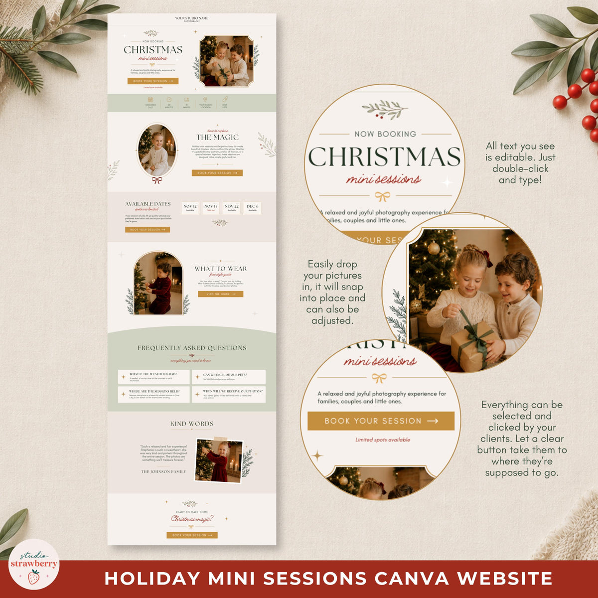 Long scrolling preview of an editable holiday photography website with session information, dates and booking sections.