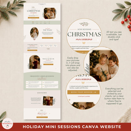Long scrolling preview of an editable holiday photography website with session information, dates and booking sections.