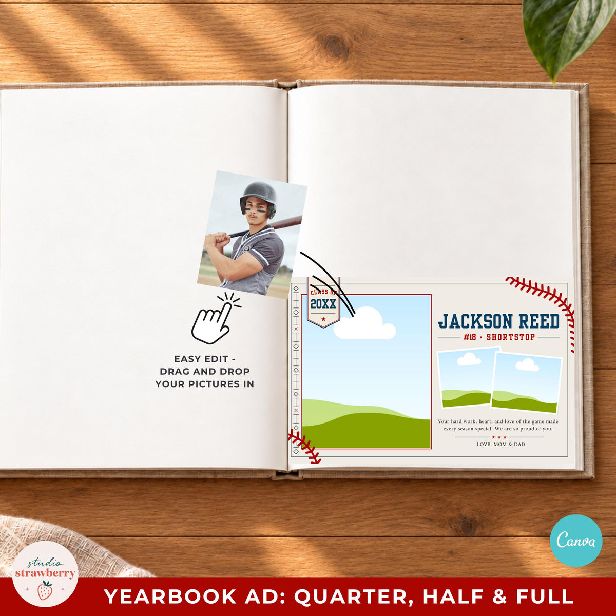 Baseball yearbook ad photo placeholder beside an example of adding a player photo.