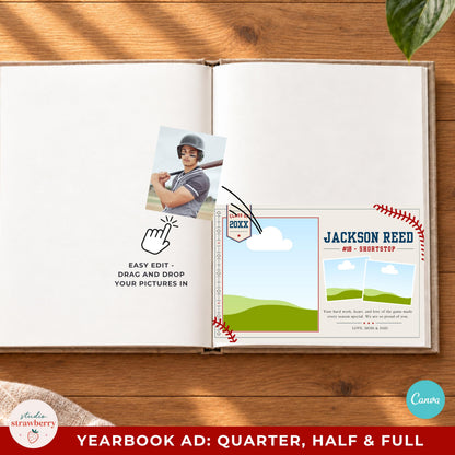 Baseball yearbook ad photo placeholder beside an example of adding a player photo.