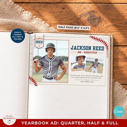 Half page baseball senior tribute template shown in a yearbook mockup.