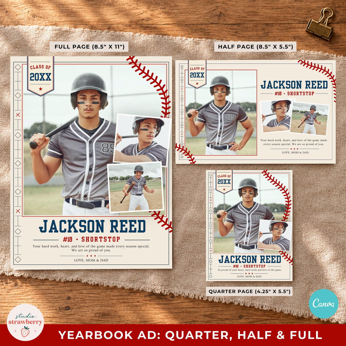 Baseball senior yearbook ad shown in three page sizes with their dimensions.