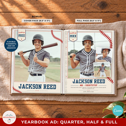 Full and half page baseball yearbook ad layouts displayed side by side.