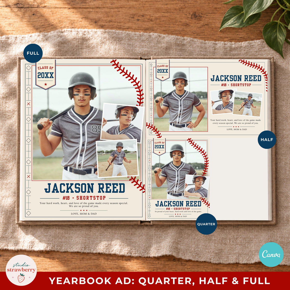 Baseball yearbook ad template in a yearbook mockup, showing full, half and quarter page layouts.