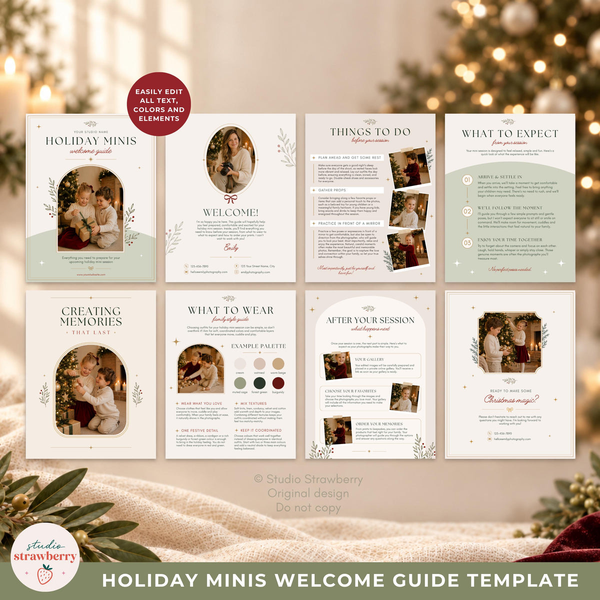 Editable holiday mini session client guide with a welcoming introduction page and refined seasonal design.