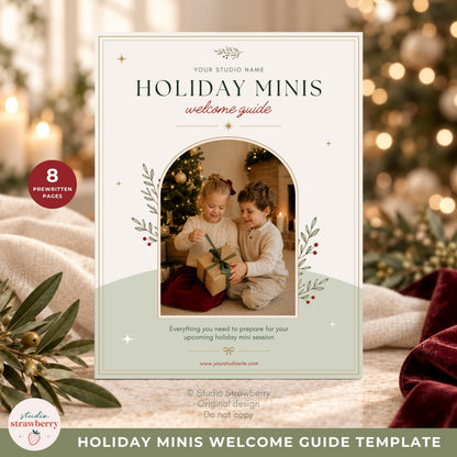 Warm Christmas mini session welcome guide template shown as a polished US Letter client guide for photographers.