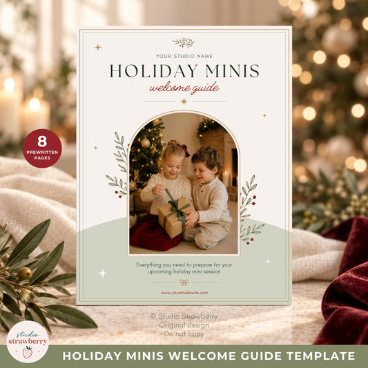 Warm Christmas mini session welcome guide template shown as a polished US Letter client guide for photographers.