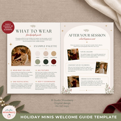 Holiday mini session style guide with a calm sage green layout and clear information for photography clients.