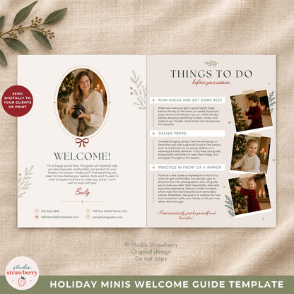 Canva mini session prep guide template showing a photographer introduction and customizable client information.