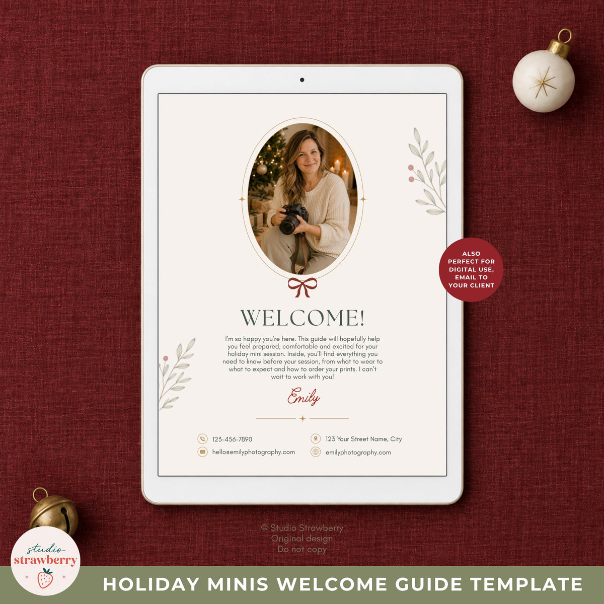 Editable holiday photography client guide featuring soft cream, beige, sage green and burgundy design elements.
