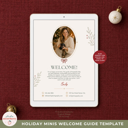 Editable holiday photography client guide featuring soft cream, beige, sage green and burgundy design elements.