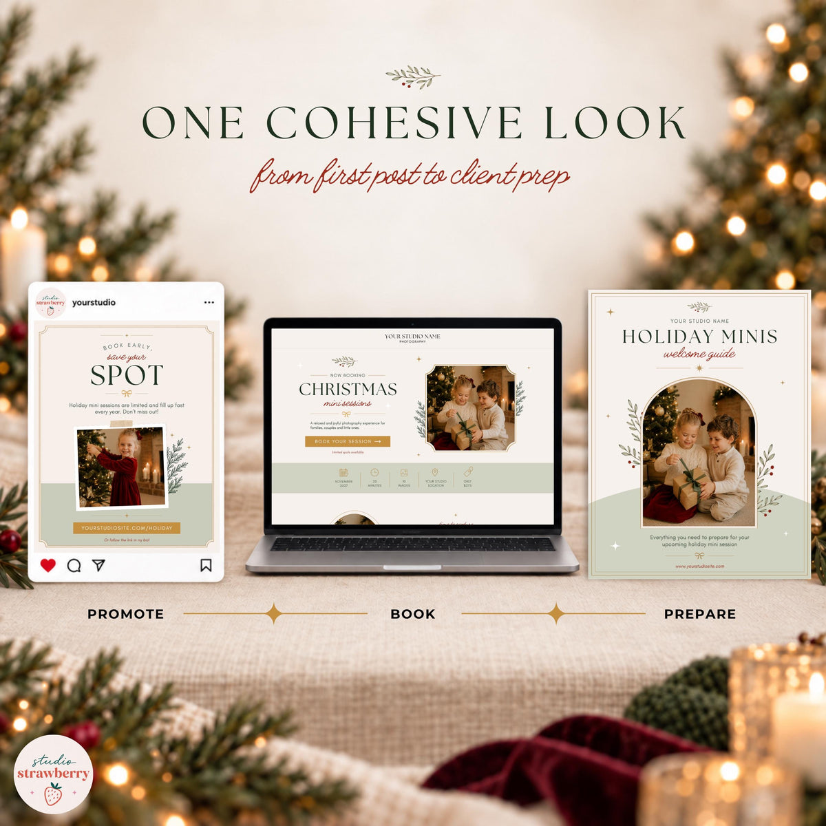 Holiday mini session marketing workflow showing how photographers can promote sessions, open bookings and prepare clients with matching Canva templates.
