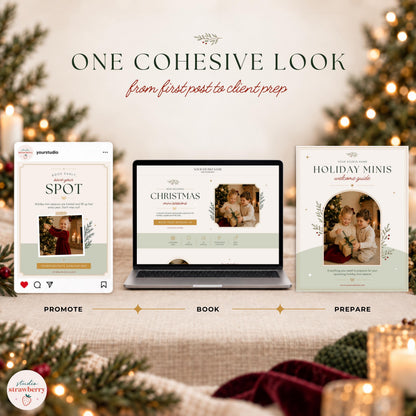 Holiday mini session marketing workflow showing how photographers can promote sessions, open bookings and prepare clients with matching Canva templates.