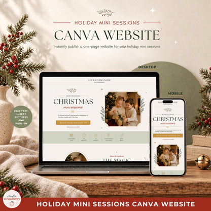 One-page Christmas mini session Canva website template shown in desktop and mobile layouts for photographer bookings.