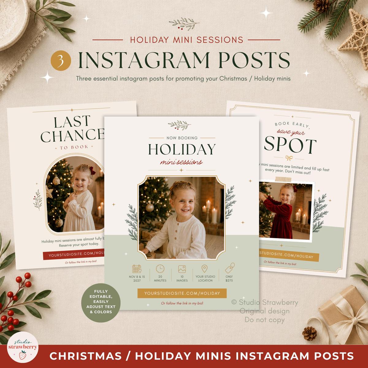 Three coordinated holiday mini session Instagram post templates for promoting Christmas photography sessions in Canva.