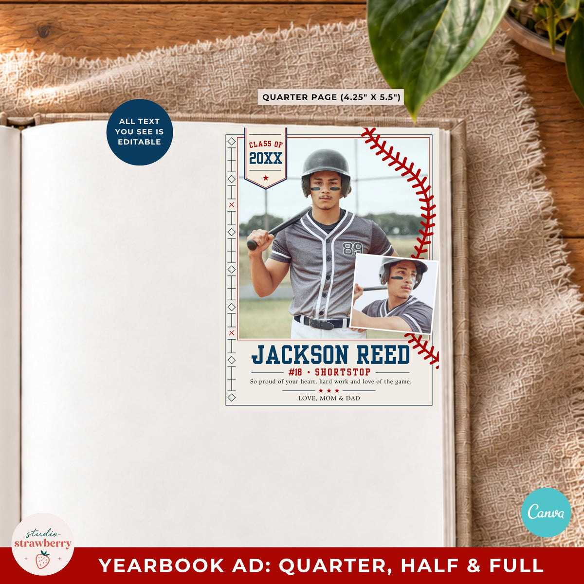 Quarter page baseball yearbook ad template with a portrait photo layout.