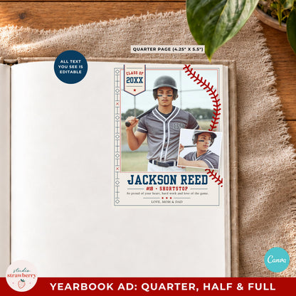 Quarter page baseball yearbook ad template with a portrait photo layout.
