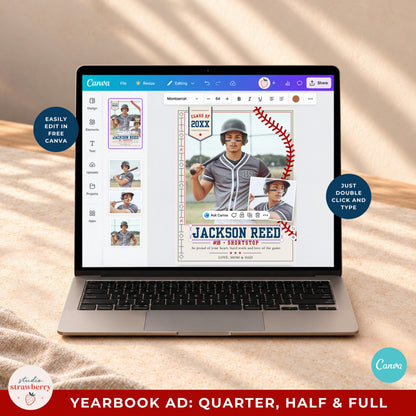 Canva editor preview of a baseball senior yearbook ad template on a laptop.